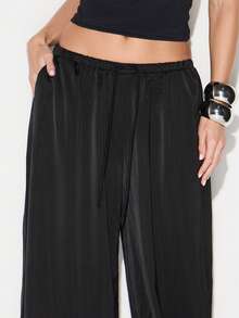 KIZN Women Black Satin Balloon Joggers Loose Fit High Rise Wide Leg Drawstring Casual Pants - Burgundy - View 4