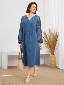 Miaspire 女式 V 领撞色蕾丝灯笼袖单排扣优雅中长连衣裙 - 藍色 - 查看 5