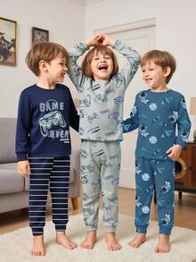 6 Stücke/Set Jungen Video Spiel & Astronaut Muster Eng anliegendes Langarm Oberteil und lange Hose Homewear Set