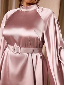 Cravure Plus Size Women's Stand Collar Raglan Raglan Sleeve Sleeve A-Line Dress With Detachable Belt, Party Wear - Dusty Pink - View 6