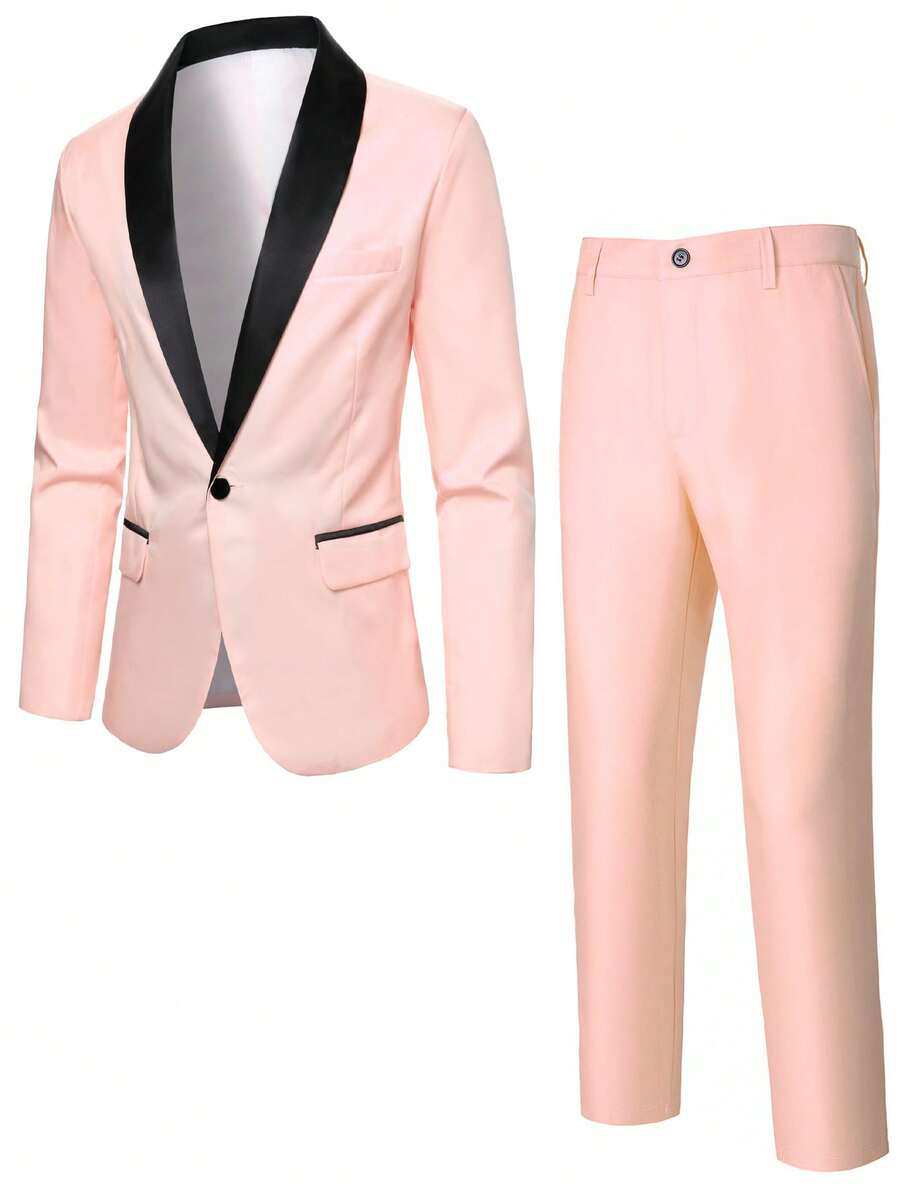 Manfinity Mode Bộ quần áo vest cổ lọ họa tiết tương phản dành cho nam công sở trang trọng đi làm và đi chơi - Màu Hồng baby - Xem 1