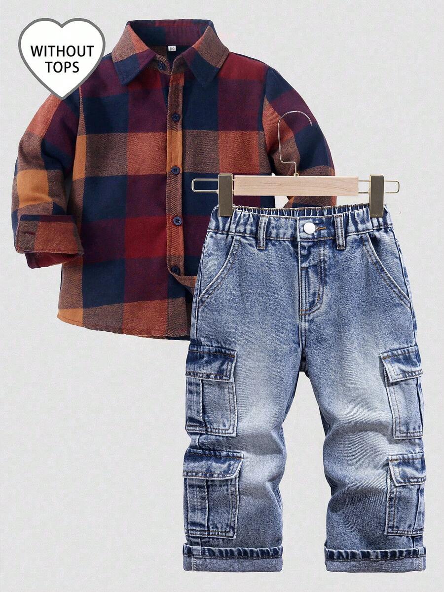 Young Boys Vintage Washed Blue Cargo Jeans With Multiple Pockets, Fashionable Streetwear Style, Must-Have Item For Fashion-Conscious Kids - Dark Wash - View 1