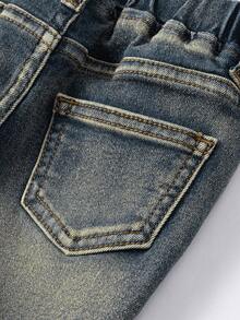 Baby Boy Fall Casual Fashionable All-Match Distressed Washed Vintage Dark Blue Elastic Denim Jeans - Dark Wash - View 8