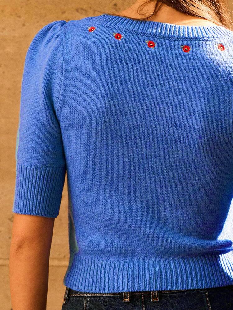 Blue Floral Embroidered Cable Pattern Short Sleeve Knitted Top Spring Square Neck Top Blue Crop Top