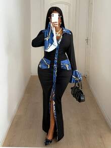 Maweii Plus Size Women's Sexy Long Sleeve Patchwork Flare Sleeve Cardigan With Button, Color Block Pocket Lapel Collar Long Slim Fit Black Dress, Autumn/Winter/Spring - Black - View 7