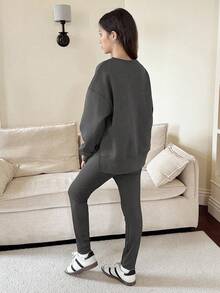 Sparklyn 1 Set Teen GirlWomen's Fashion Casual Loose Dropped Shoulder Hoodie And Skinny Leggings Outfit, Dark Grey, Autumn/Winter - Dark Grey - View 2