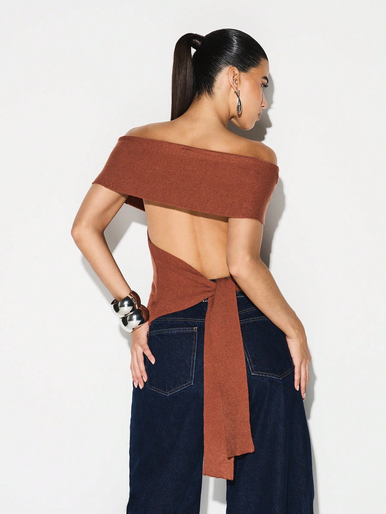 KIZN Off Shoulder Tie Back Ribbed Knit Top