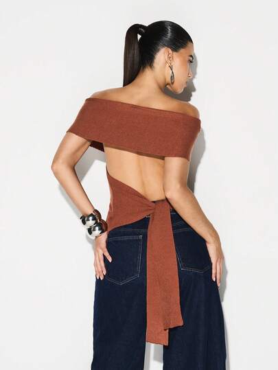 KIZN Blusa casual de punto acanalado con hombros descubiertos y lazo en la espalda, estilo Bardot para otoño e invierno