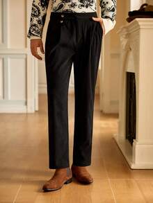 Mainfolk Men's Solid Color Fold Pleated Pocket Straight Leg Business Dress Pants - Black - View 6