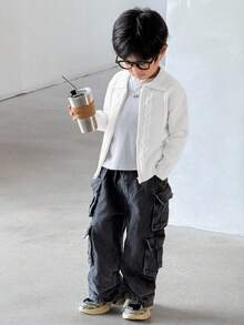 SHEIN Little Byeori 兒童小男孩休閒扭花前開拉鍊針織秋季開襟衫 - 白色 - 查看 3