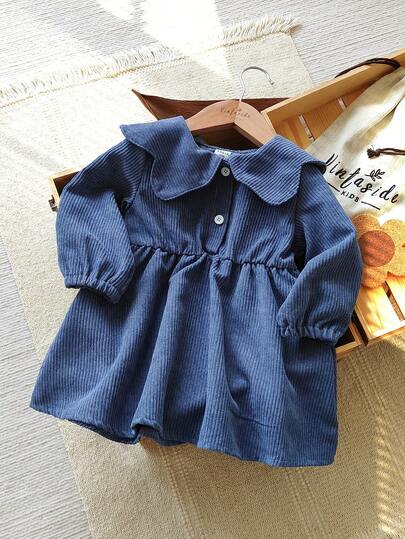 Vintaside Kids 女宝宝秋冬条纹蓝色花瓣领长袖A字中长连衣裙，清新甜美，优雅大方，适合日常外出上学、逛街、周岁庆典、居家休闲、节日活动、参加婚礼派对等