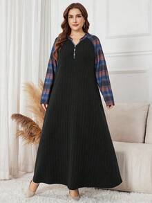 Lacomfia Plus Size Elegant Casual Plaid Patchwork Dress - Black - View 5