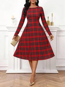SHEIN Lady 女式格子圆领长袖优雅中长连衣裙 - 紅色 - 查看 5