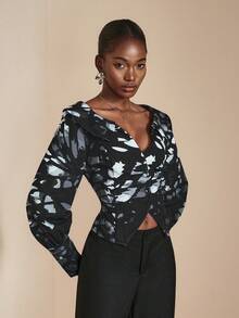 JIAN LASALA Camicetta donna casual a maniche lunghe con stampa all-over, abbottonatura frontale, vita stretta, scollo a V profondo, collezione di abbigliamento elegante e di lusso, top con grafica raffinata per l'autunno