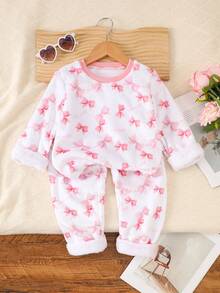 2 pezzi/set Pigiama in flanella per ragazze giovani, top a maniche lunghe e pantaloni con stampa farfalla rosa, abbigliamento da notte caldo e confortevole, adatto per sorelle, stile dolce