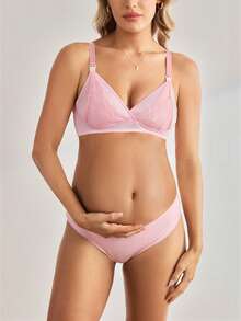 Moonlight&Mama Maternity Contrast Lace Wireless Nursing Bra Pink Bra Maternity Bra Breastfeeding Bra Bras Cute Push Up Lingerie - Pink - View 4