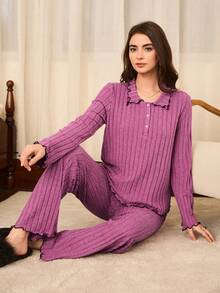 Moireta 女士休闲舒适宽松领半扣抓绒上衣和裤子睡衣套装，冬季保暖舒适 - 藕粉色 - 查看 6