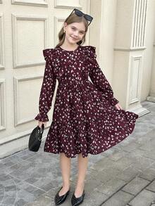 SHEIN Tween 女童勃艮第红色休闲外出波西米亚风格编织豹纹可爱荷叶边连衣裙，适合秋冬季，冬季度假连衣裙 - 酒紅色 - 查看 5