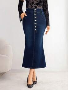 Elenzga Women's Button Front Pocket Fishtail Hem Elegant Denim Skirt - Dark Wash - View 1