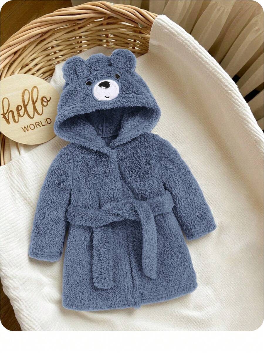 SHEIN 新生男婴可爱熊刺绣3D耳朵加厚腰袍 - 霧霾藍 - 查看 1