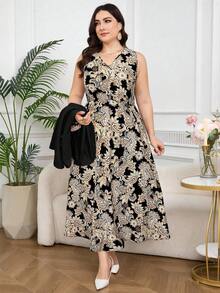 Modelyn Conjunto de vestido y blazer de talla grande para mujer con estampado de paisley, cuello en V y sin mangas, para otoño/invierno