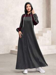 Al Najma 秋冬连帽拼色喇叭优雅时尚卫衣连衣裙 - 灰色 - 查看 6