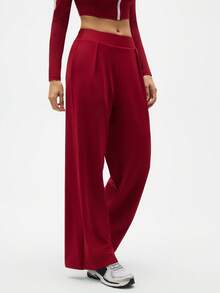 SHEIN Sports 女士纯色松紧腰褶皱阔腿宽松休闲裤 - 酒紅色 - 查看 5