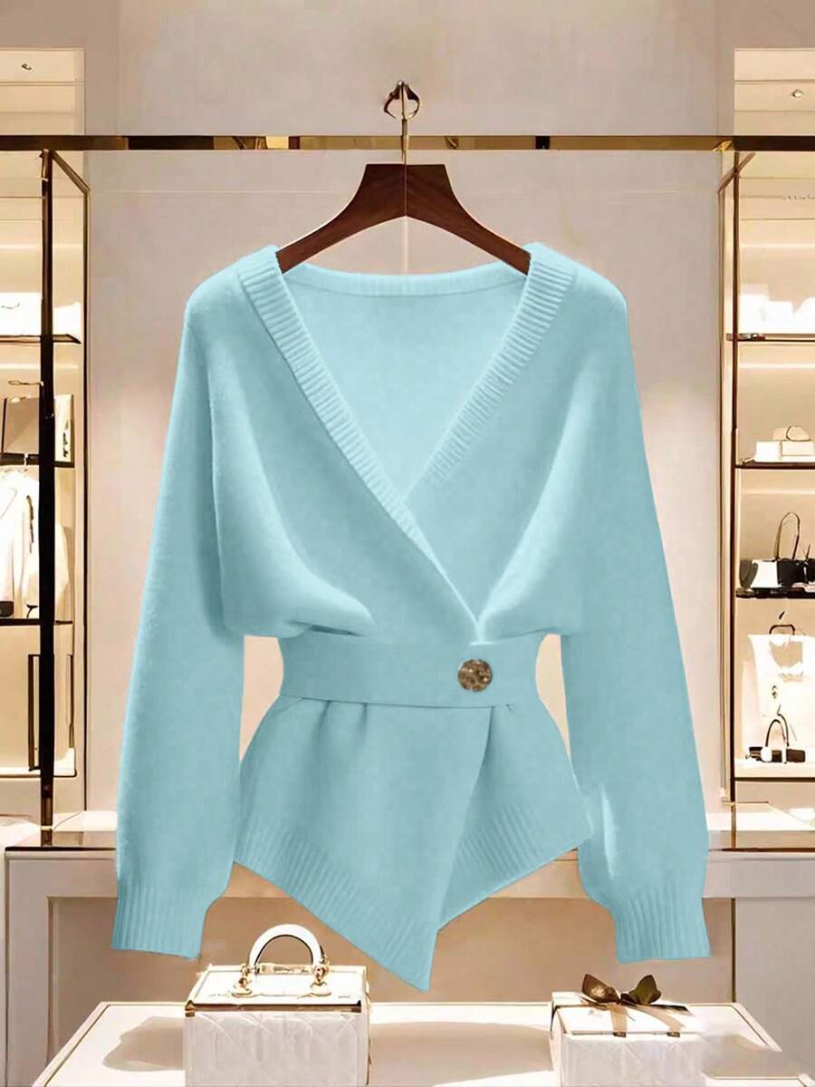 SHEIN LUNE 新款秋冬高品质优雅百搭柔软白色女士开衫 - 水鴨藍 - 查看 1