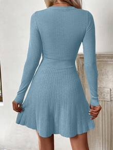 SHEIN LUNE Solid Color Round Neck Casual Fitted Long Sleeve Sweater Dress - Dusty Blue - View 2