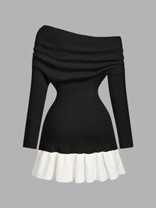 SHEIN MOD Damen Khaki Off-Shoulder Strickkleid, Herbst Winter Kleidung für Frauen - Schwarz und Weiss - Übersicht 2