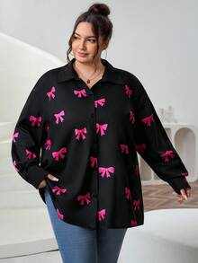 SHEIN CURVE+ CURVE 大码女式蝴蝶结印花长袖休闲单排扣衬衫 - 彩色 - 查看 3