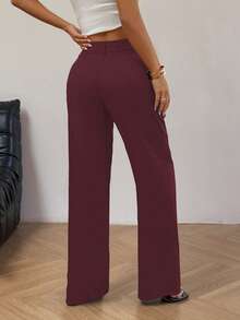 SHEIN Unity Quần ống rộng xếp ly đơn giản màu trơn cài nút phía trước dành cho nữ, thích hợp đi làm và đi chơi - Màu Đỏ Sâu - Xem 2