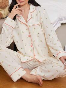 Teenager Mädchen Lässig Zuhause Süßer Blumen Muster Kontrast Farbe Knospe Rand Rüschen Zuhause Tragen Anzug, Blumen Muster Kontrast Einfassung Tasche Vorne Pyjama Set / Schlafanzug Set Feiertags Saison - Aprikosenfarben - Übersicht 1