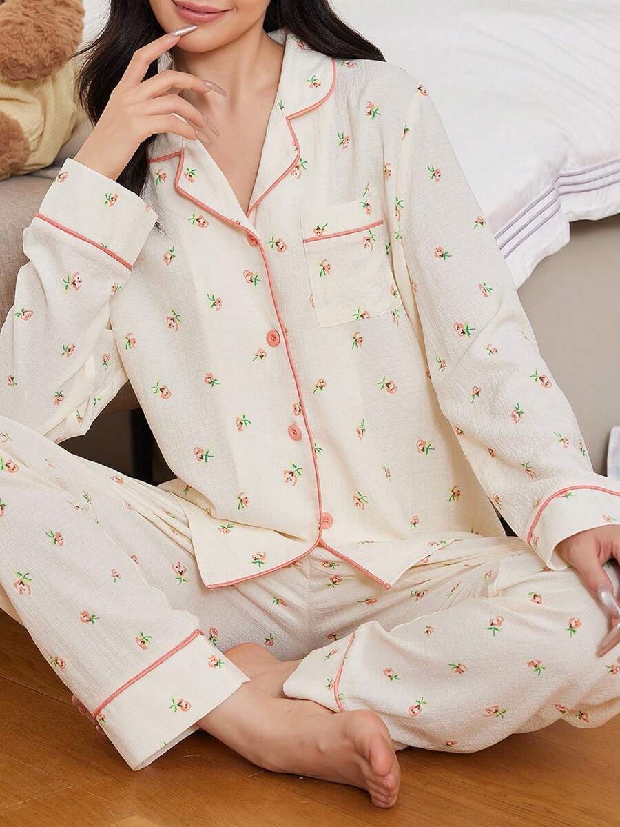 Teenager Mädchen Lässig Zuhause Süßer Blumen Muster Kontrast Farbe Knospe Rand Rüschen Zuhause Tragen Anzug, Blumen Muster Kontrast Einfassung Tasche Vorne Pyjama Set / Schlafanzug Set Feiertags Saison - Aprikosenfarben - Übersicht 1