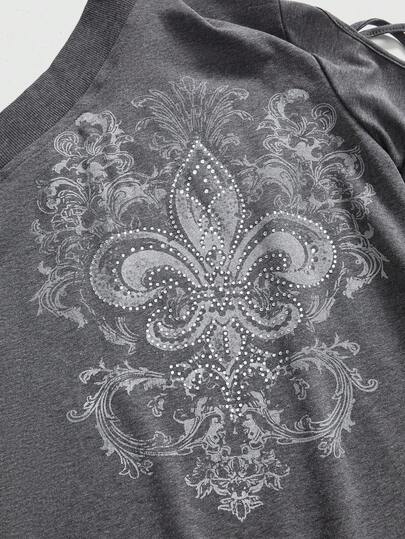 Grunge Punk Pull surdimensionné pour femme avec motif rétro, strass, manches évidées et épaules dénudées, effet amincissant