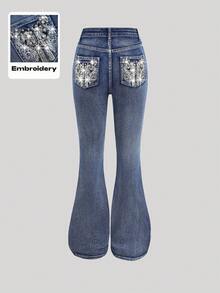 SHEIN Girlism Teen Girl Avant Vintage Millennium Punk High Waist Embroidered Pocket Pistol Y2K Denim Flare Jeans,Halloween Costumes,Fall,Christmas Pants,Fall,Fall Winter Back To School Homecoming Jeans,Pants Streetwear Vintage,Comfortable And Versatile, For 13-16 Years Old, Suitable For School, Home And Travel,EMBROIDERY JEANS PANTS - Dark Wash - View 3