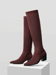 MOTF FASHION CHUNKY HEEL ZIPPER SIDE OVER-THE-KNEE BOOTS - Burgundy - View 9