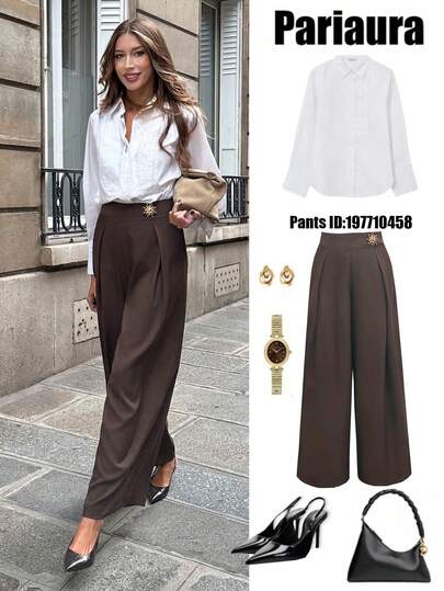 Chiquease 2025秋冬高腰金属装饰阔腿裤女宽松垂坠长裤百搭外出通勤