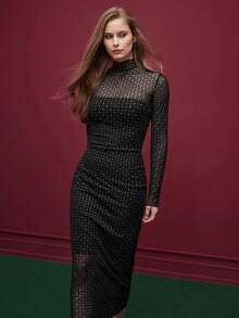 Maija Women's Minimalist Printed Sheer Long Sleeve Dress,Wedding Guest Dress Women,Party Dresses For Women,Christmas Party Dress - Black - View 6