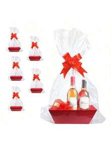 6/12 Piece Gift Basket Set, Multiple Colors Available,Christmas Hollow Gift Baskets, Including Bows, Plastic Bags, And Kraft Paper Market Tray Cardboard Baskets For DIY  Holiday Gift Wrapping, Shelf-Style Gift Baskets, Suitable For Halloween - Multicolor - View 1