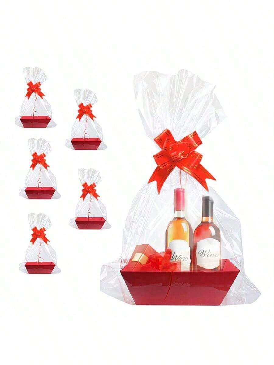 6/12 Piece Gift Basket Set, Multiple Colors Available,Christmas Hollow Gift Baskets, Including Bows, Plastic Bags, And Kraft Paper Market Tray Cardboard Baskets For DIY  Holiday Gift Wrapping, Shelf-Style Gift Baskets, Suitable For Halloween - Multicolor - View 1