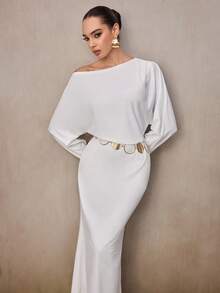 Modelyn Women's Solid Color Asymmetrical Shoulder Long Sleeve Casual Loose Versatile Dress - White - View 5