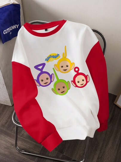 Teletubbies X SHEIN Men's Casual Colorblock Cartoon Pattern Crew Neck Sweatshirt, Autumn