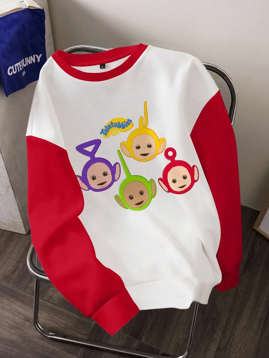 Teletubbies X SHEIN Men's Casual Colorblock Cartoon Pattern Crew Neck Sweatshirt, Autumn Graphic Print Long Sleeve