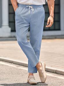 Manfinity VCAY Men's Casual Woven Striped Elastic Waist Cropped Pants - Blue - View 2