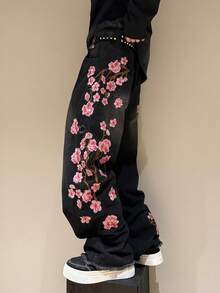 STEELVANCE 男士街头时尚梅花刺绣水洗阔腿牛仔裤，垃圾摇滚 - 黑色 - 查看 4