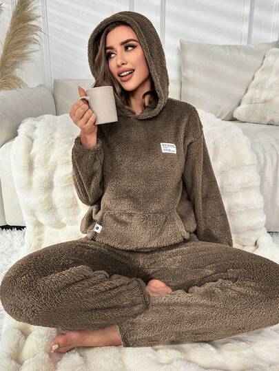 Women's Solid Color Minimalist Casual Fleece Hoodie And Pants Loungewear Set Cozy Sets Women Brown Pajama Set Brown Pj Set Coffee Pajamas Comfy Set, Winter Clothes