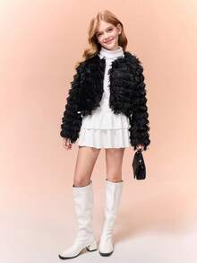 Tween Girls Black Loose Fit Short Coats, Autumn/Winter - Black - View 4