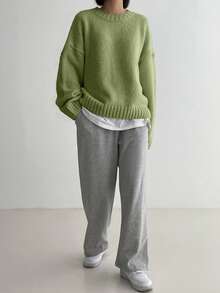 DAZY Cozy Fabric Green Regular Hem Rib-Knit Long Sleeve Women's Pullover,Autumn/Winter - Green - View 3