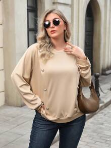 EMERY ROSE Plus Size Women's Fashion Double-Breasted Sweatshirt - Khaki - View 6